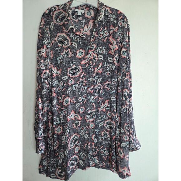 J.Jill Dark Grey/Black w/Pink Floral Print Tunic Button Down Blouse size XL - Picture 1 of 7